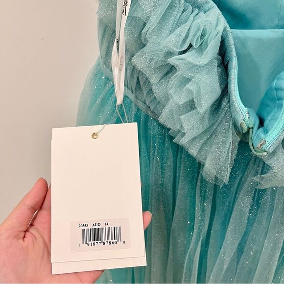 NWT Mac Duggal 20555 Mint Aqua Blue Glitter Tulle Strapless Ball Dress Gown 14 - Picture 8 of 12